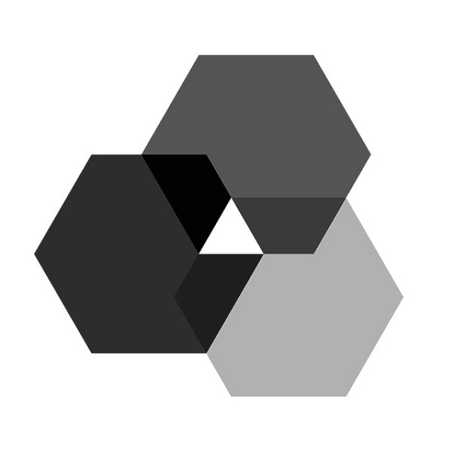 Three interlocking hexagons with a small white triangle in the middle. Hexagons are blue, maroon, and light gray