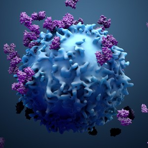 Blue t-cell illustration surrounded by purple blobs