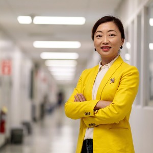 Shirley Meng in a hallway at Argonne National Laboratory